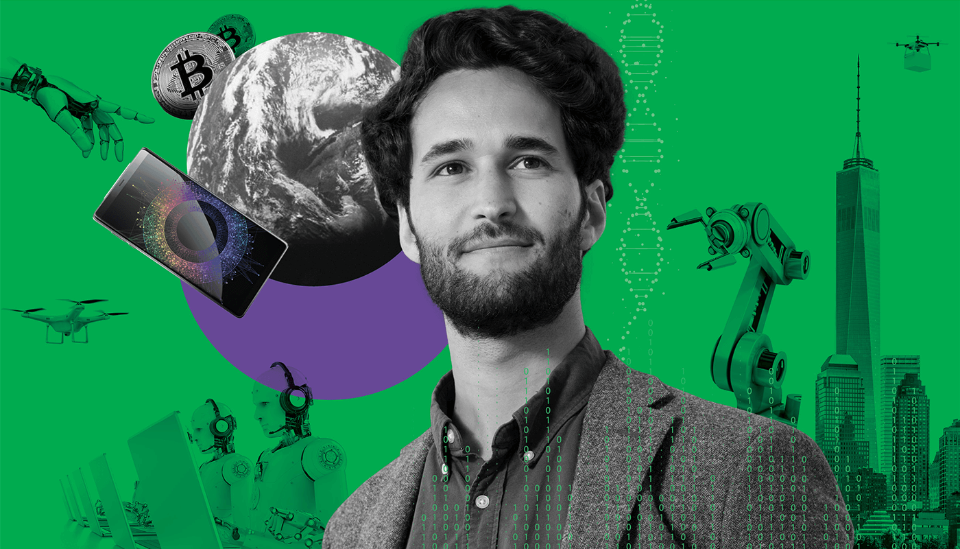 Image of Daniel Susskind against bright green backdrop. There are images of tech behind him, like drones, robot arms, iphones and a future city scape.