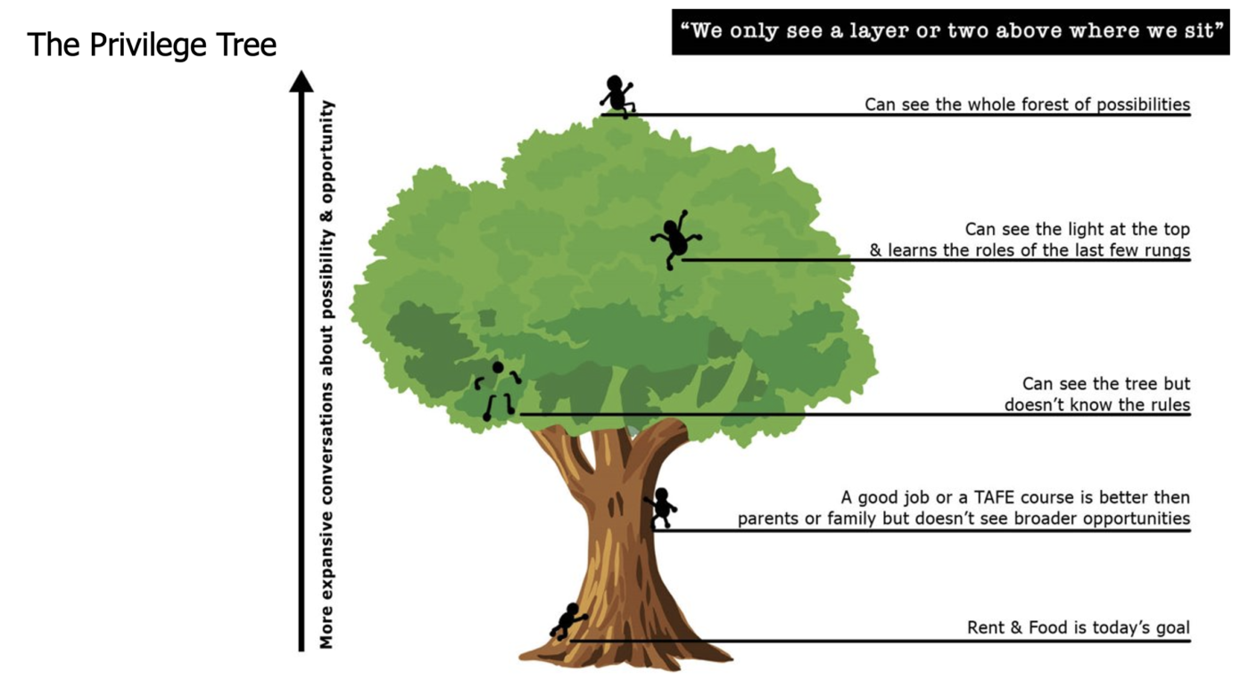 Unpacking unconscious bias. Image of a privilege tree, representing the different stages a person can be at, depending on their level of privilege.