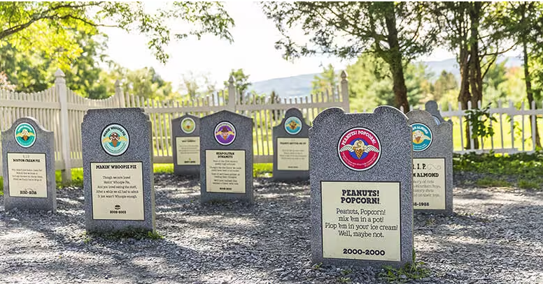 Image of headstones with different Ben and Jerry's flavours written on them